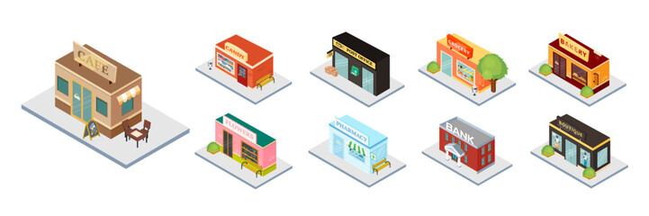 City buildings set 3d vector illustration. Isometric colorful cityscape isolated on white background. Collection of different offices included bank, bakery, pharmacy, post office, grocery and cafe