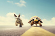 Bunny And Turtle Race. Сoncept Sports Day Carnival, Summer Beach Party, Water Balloon Fight, Dreamy Sunset Landscape