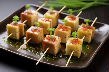 Sticker - skewering bacon-wrapped tofu cubes with bamboo sticks