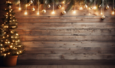 Canvas Print - lights hanging from wooden wall with a christmas tree behind it