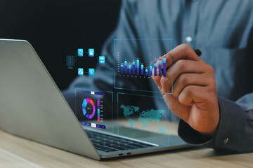 businessman showing progress, data, business plan, software, work chart, smart technology office tec