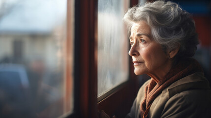 Wall Mural - Depressed elderly woman at home. Senior woman mental health concept