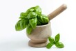 Mortar and pestle with fresh basil leaves. Natural culinary food flavoring ingredient. Generate ai
