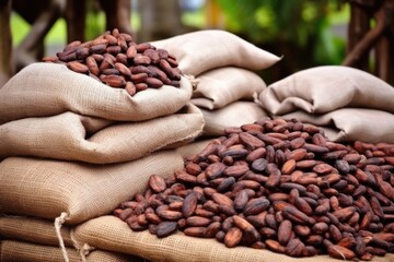 Sticker - harvested cocoa beans in burlap sacks