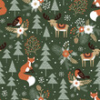 © MirabellePrint - Seamless vector pattern with cute woodland animals, snowy pine trees, berries, flowers and snowflakes. Hand drawn winter landscape illustration. Perfect for textile, wallpaper or print design.