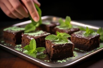 Poster - hand garnishing brownies with fresh mint leaves