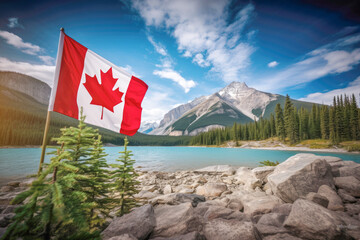 Wall Mural - Canada's picturesque national park is a traveler's dream, with a flag wvaing and its stunning autumn scenery, pristine river, and rugged mountain landscapes.
