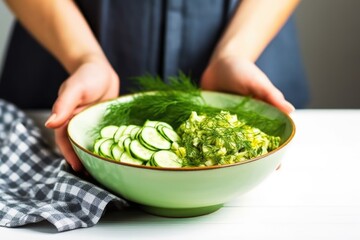 Poster - hand holding a bowl of cucumber dill salad