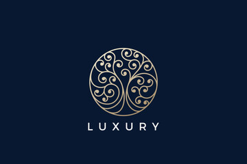 Wall Mural - Vintage Tree Logo Circle shape Luxury Jewelry Design Vector template Linear Outline style. Golden Oak Logotype concept icon.