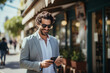 © twindesigner - Handsome man smiling as he gazes at his mobile phone, radiating the joy of modern connectivity and personal connection. Ai generated