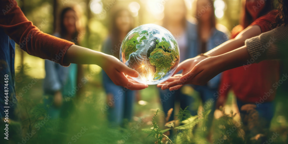 Human hands holding glass earth in green forest with sunlight ...