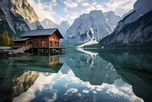 Mountain landscape in Austria's Oberösterreich region featuring the picturesque Gosau lakes and Dachstein mountain range. Generative AI