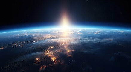 Wall Mural - photo of the earth's surface from space and the bright rays above it. generative ai