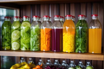 Poster - freshly juiced vegetables in glass bottles on a shelf