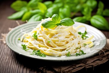 Poster - delicious fettuccine alfredo garnished with a sprig of basil