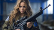 © marcos - Young and pretty military girl with gun in hands looking at the camera. a country at war. Generative AI