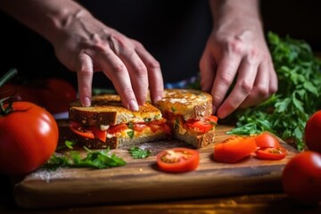 Sticker - a hand adding slice of tomato inside a grilled cheese sandwich