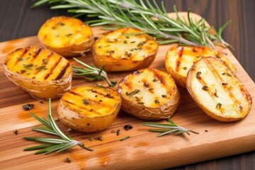 Wall Mural - high angle view of grilled potatotes and rosemary on a board