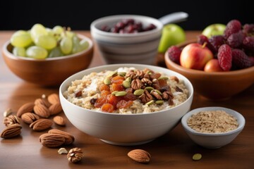 Poster - a freshly made bowl of oatmeal with fruits and nuts on a kitchen counter