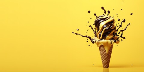 Sweet ice cream with chocolate splash effect on yellow Background. Generative AI