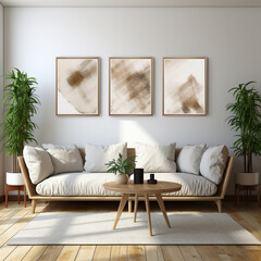 Beige sofa near white wall with three mock up poster frames. Mid century interior design of modern living room