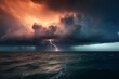 Ominous storm clouds and dazzling lightning illuminate the vast ocean. Generative AI
