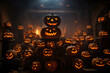 pumpkins crammed in a pot with black smoke and flames