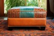 a leather ottoman amidst a fabric upholstery setting