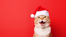 Happy Cat Wearing Santa Hat Portrait On Isolated Background - Ai Generative
