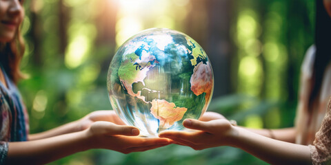 Human hands holding glass earth in green forest with sunlight. Environment, save the World, earth day, ecology, and Conservation Concept.