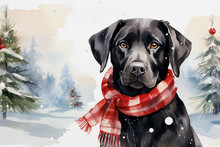 Christmas Theme Watercolour Illustration Of A Black Labrador Wearing A Tartan Scarf Sitting Outdoors, With Pine Trees Behind, In The Snow, Great For Social Media And Greeting Cards