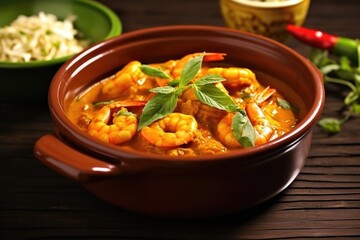 Wall Mural - serving prawn curry into a ceramic bowl