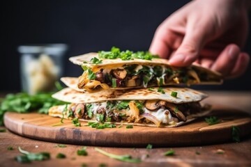 Poster - hand picking up mushroom quesadilla with spatula