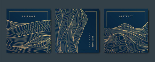 Wall Mural - vector set of luxury fancy golden patterns, linear style wavy cards. art deco flow banners, wave pos