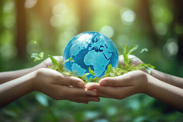 human hands holding glass earth in green forest with sunlight. environment, save the world, earth da