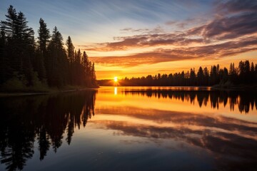 a sunrise view from the edge of a serene lake