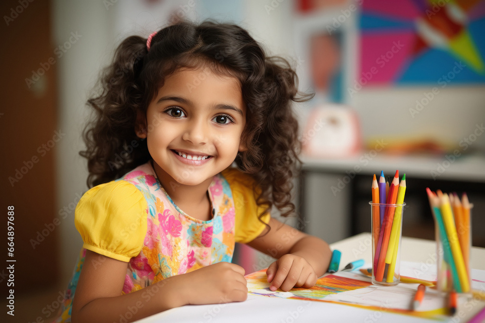 Indian little girl doing drawing homework at home
