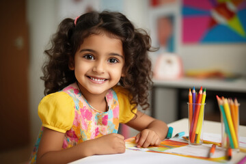 indian little girl doing drawing homework at home