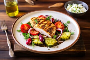 Seared chicken breast and Greek salad on a wooden table.