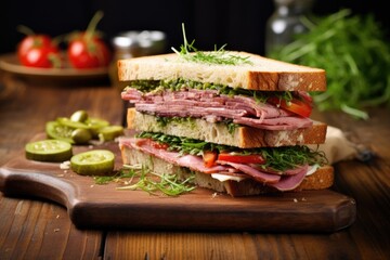 Wall Mural - a sandwich on a rustic wooden table