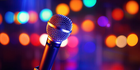 Wall Mural - Professional vocal microphone on stage with a bokeh backdrop of concert lights. Karaoke concept. Generative AI