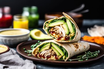 Wall Mural - turkey and avocado wrap with spreading sauce on a saucer