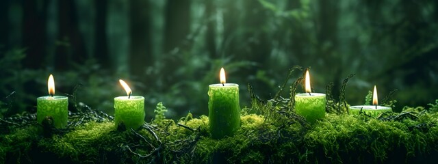 Burning candles on moss, dark green blurred the natural background. Magic candle.