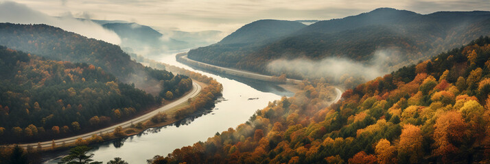 Wall Mural - Appalachian Mountains, autumn foliage, winding river through valleys, overcast sky, muted tones