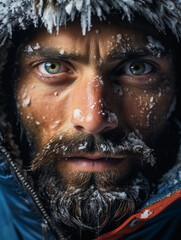 Wall Mural - mountaineer's face framed by hood and goggles, frost on facial hair, eyes full of resolve, extreme close - up