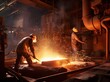 Working men in helmets, metallurgists at a metallurgical plant, ferrous metals, in the process of work.