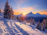 Fototapeta Most - The Alps, winter, snow - capped peaks, ski tracks visible, pine trees dusted with snow, cobalt sky, golden hour lighting