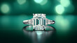 a modern billboard for a luxury diamond brand. One beautiful emerald diamond ring with trapazoid sidestones