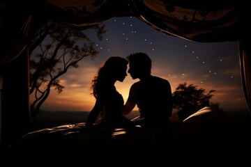 Silhouette of couple in bed at night time with stars. Pleasure sexual intimate area lifestyle. Generate Ai