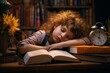 Sleeping little girl tired of doing homework. Child person education study. Generate Ai